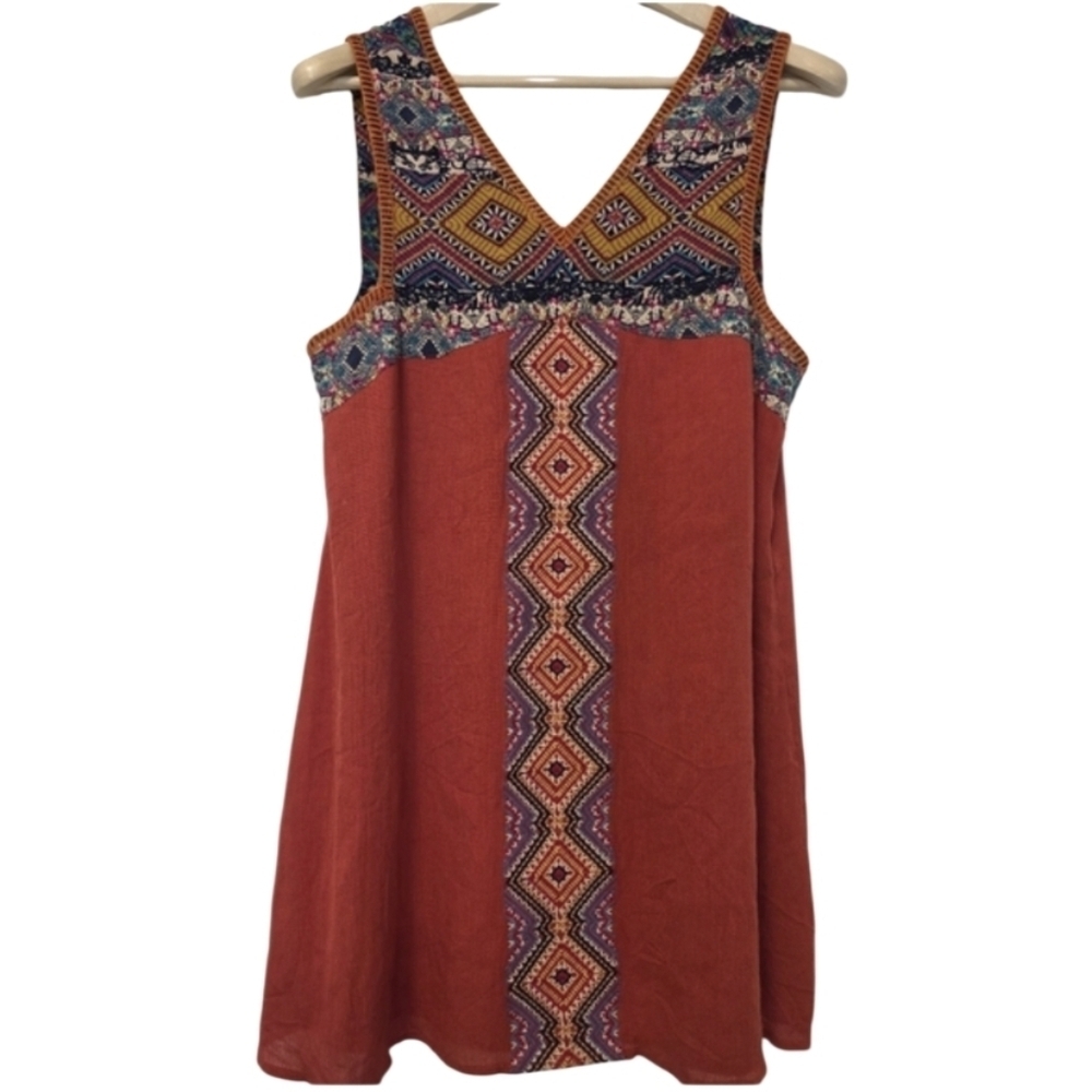 THML Embroidered Boho Mini Dress Size Large Red Orange Travel Anthropologie Vaca